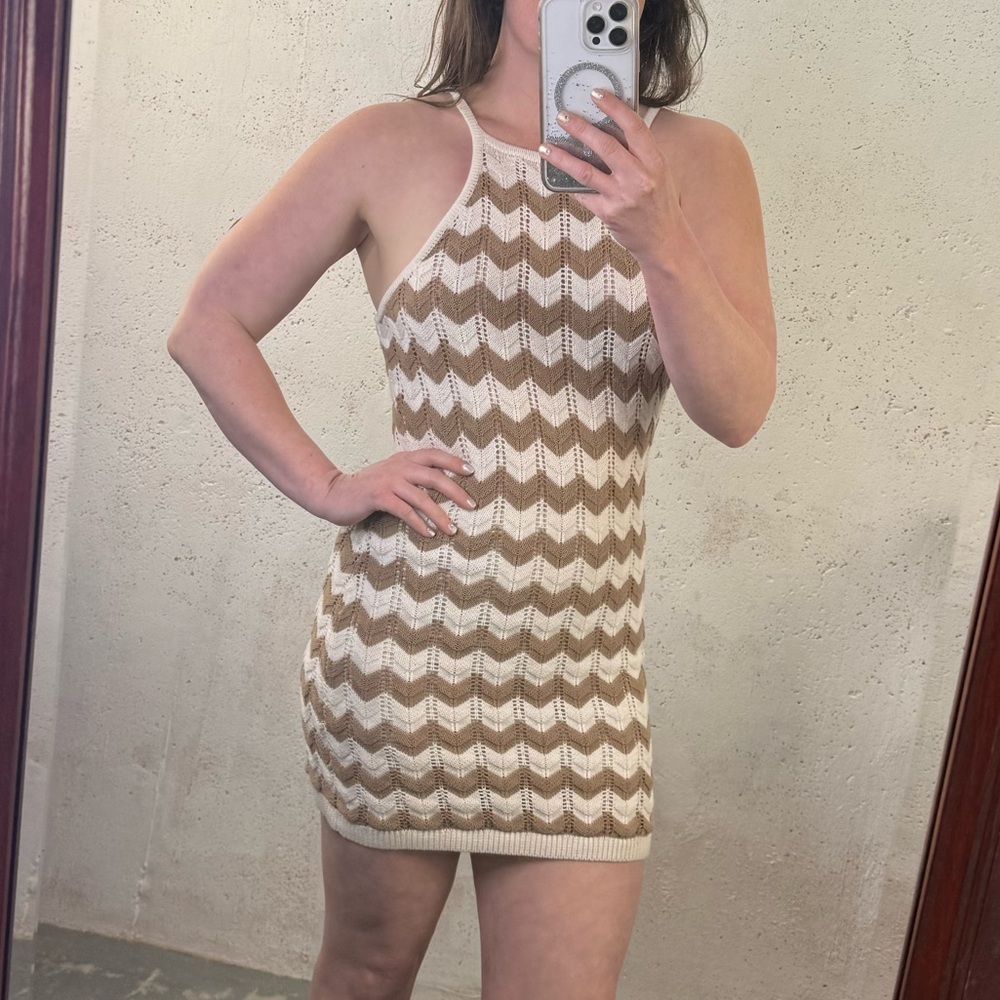 Seven Wonders Crochet Knit Dress in Cream and Brown Beach Summer Size Small